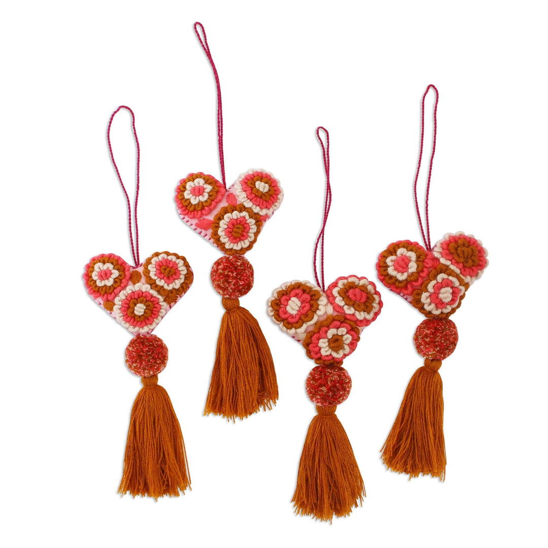 Handcrafted Pink and Burnt Sienna Heart Ornaments (Set of 4) - Heart's Joy in Red