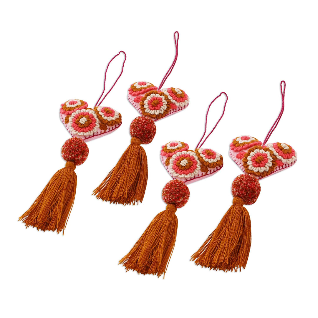 Handcrafted Pink and Burnt Sienna Heart Ornaments (Set of 4) - Heart's Joy in Red