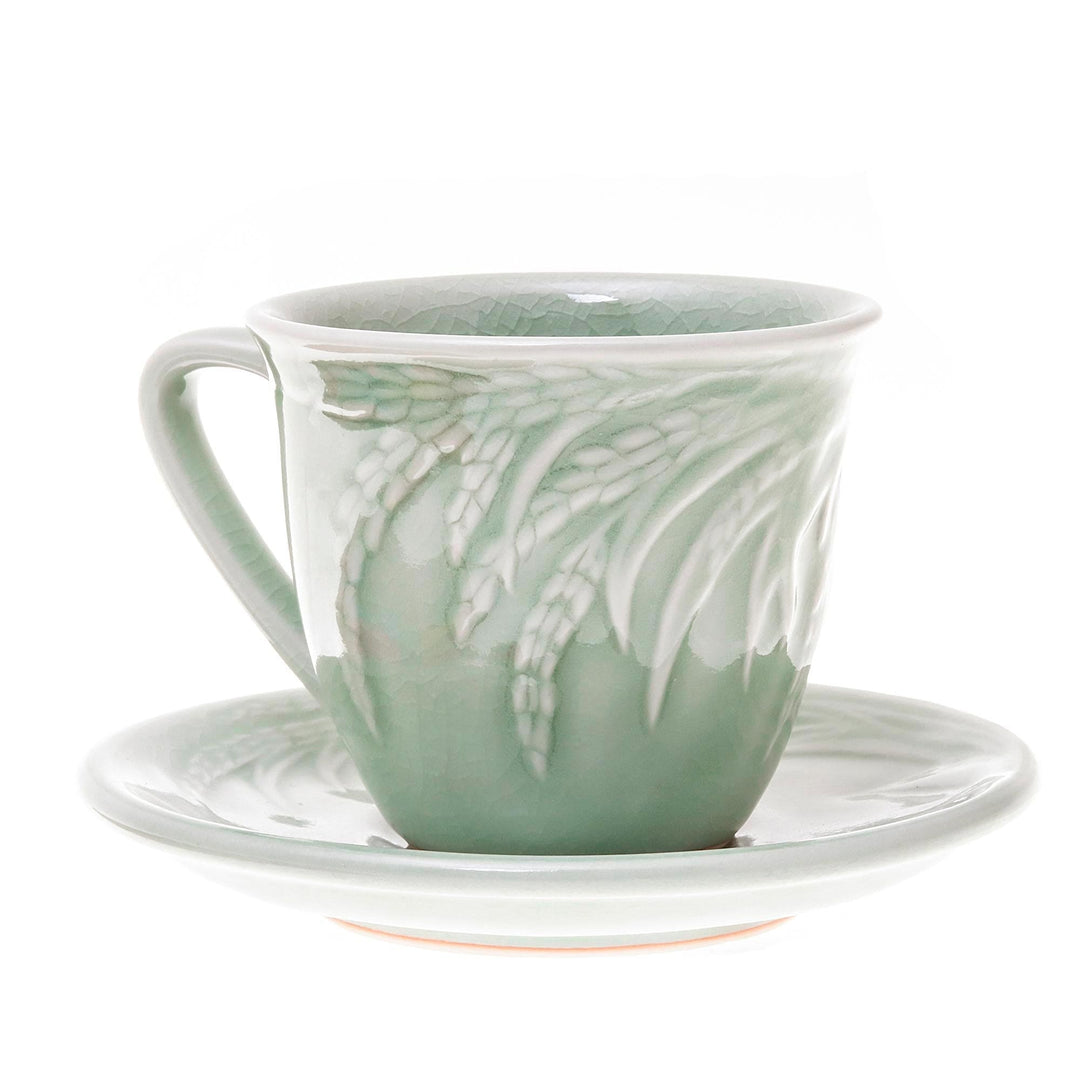 Handcrafted Celadon Green Ceramic Cups and Saucers (Pair) - Waving Grains