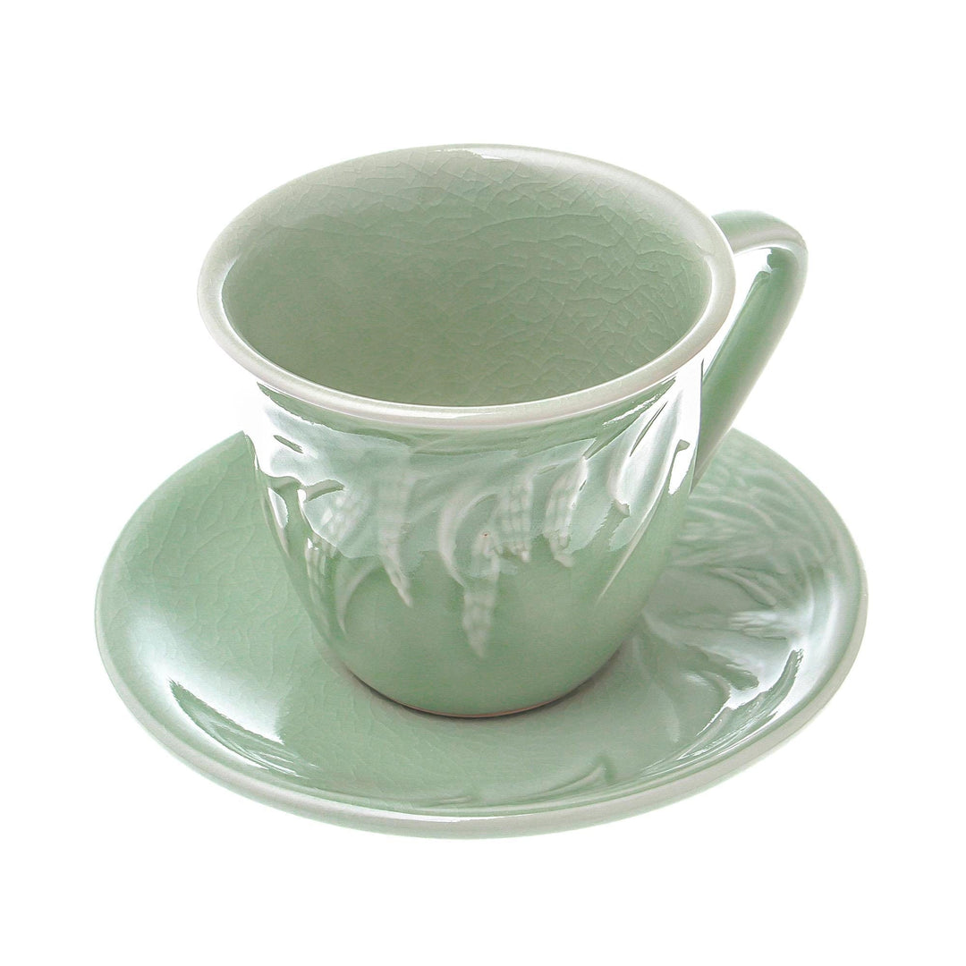 Handcrafted Celadon Green Ceramic Cups and Saucers (Pair) - Waving Grains