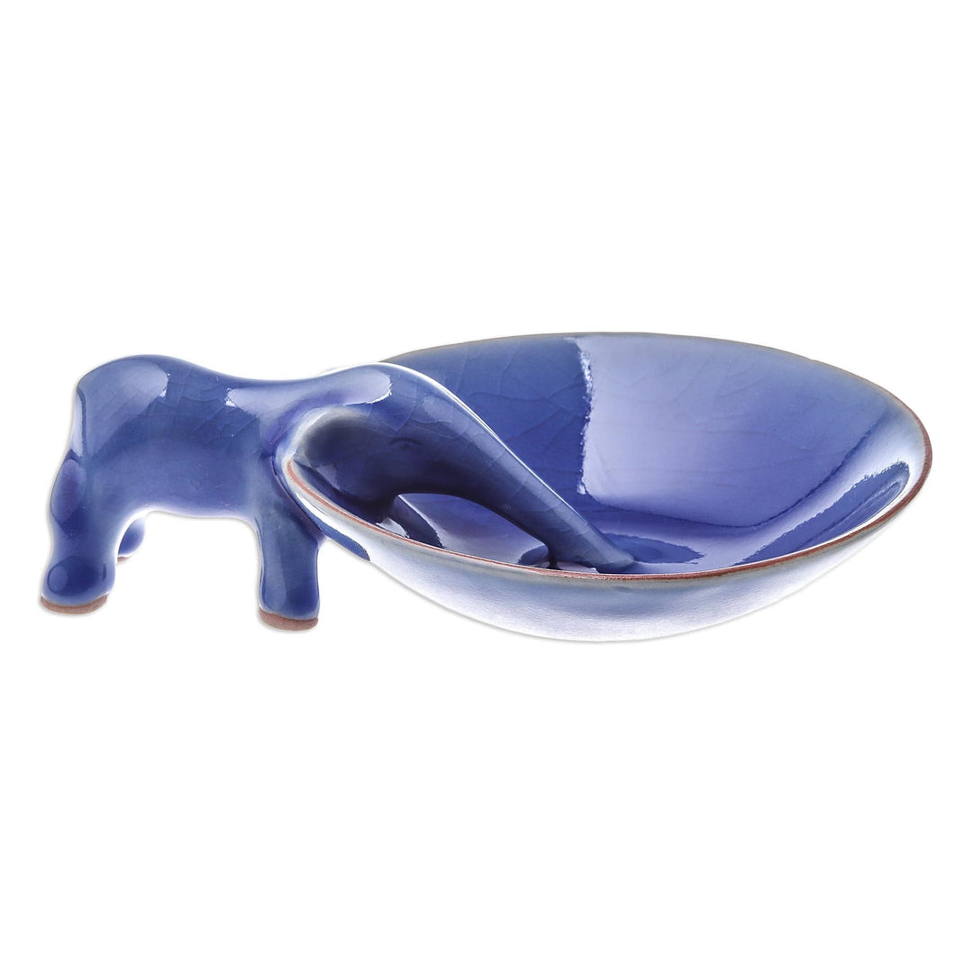 Elephant-Themed Blue Ceramic Incense Holder from Thailand - Sipping Elephant