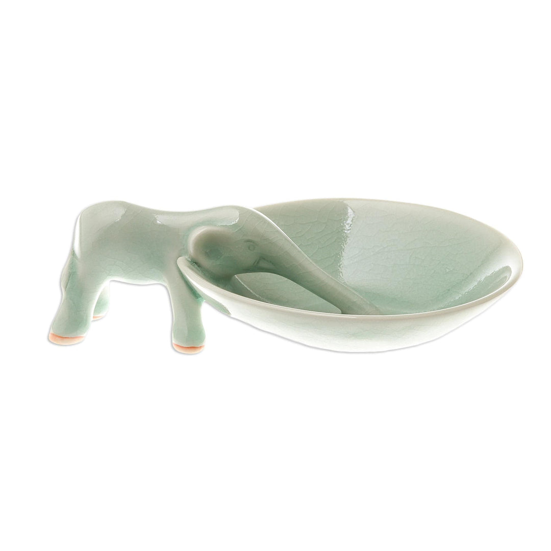 Elephant-Themed Celadon Ceramic Incense Holder - Sipping Elephant
