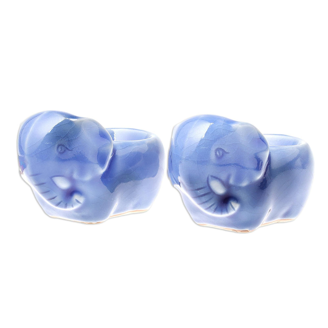 Blue Ceramic Elephant Egg Cups from Thailand (Pair) - Elephant Sisters