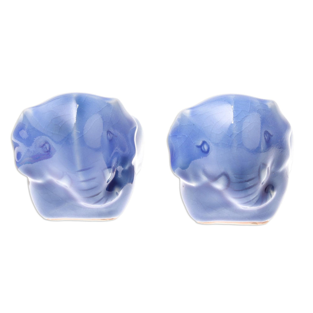 Blue Ceramic Elephant Egg Cups from Thailand (Pair) - Elephant Sisters