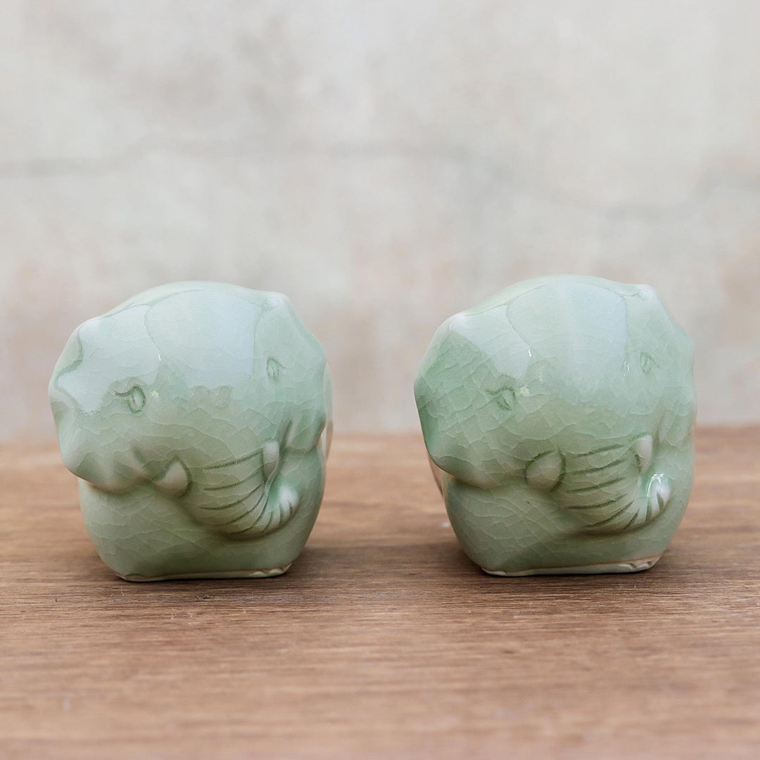 Celadon Ceramic Elephant Egg Cups from Thailand (Pair) - Elephant Sisters