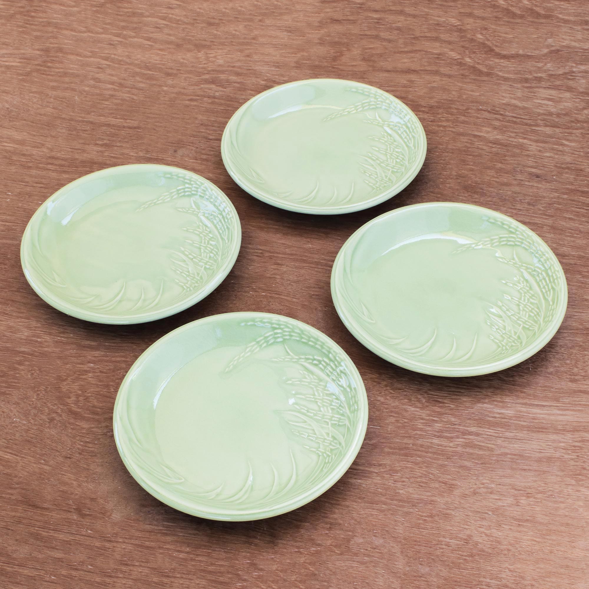 Rice-Themed Celadon Ceramic Plates from Thailand (Set of 4) - Thai Ric ...