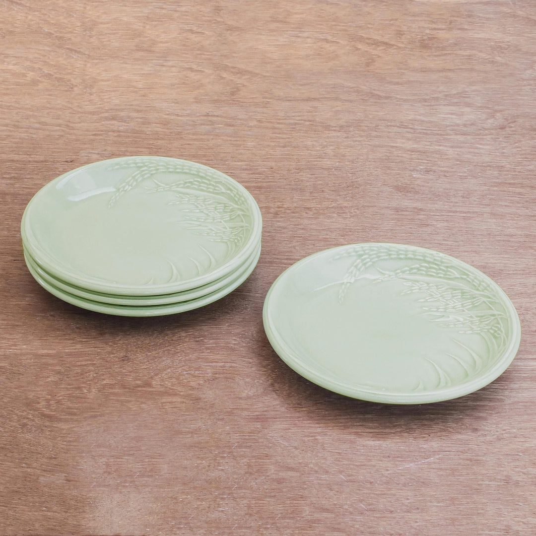 Rice-Themed Celadon Ceramic Plates from Thailand (Set of 4) - Thai Rice