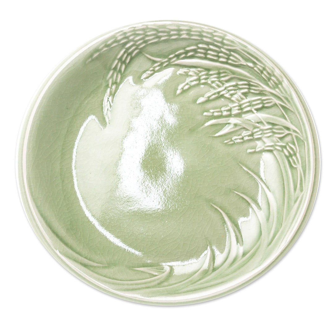 Rice-Themed Celadon Ceramic Plates from Thailand (Set of 4) - Thai Rice