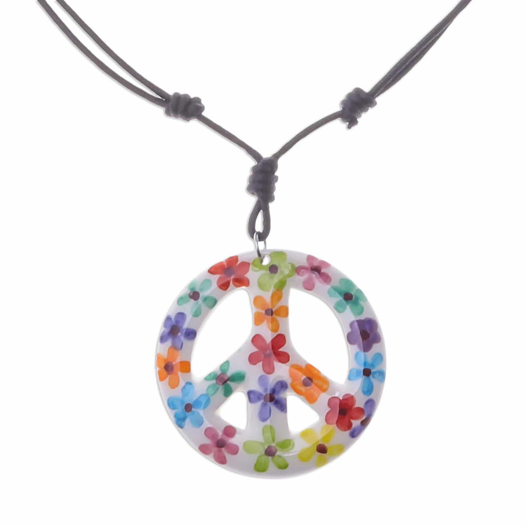 Floral Motif Ceramic Peace Pendant Necklace from Thailand - Flower Child
