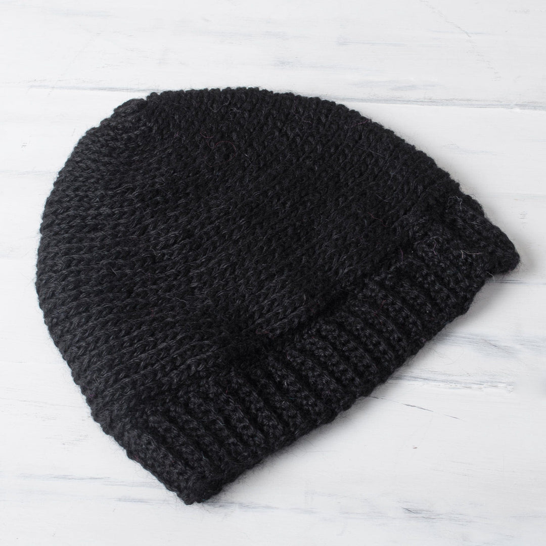 Black Hand Crocheted 100% Alpaca Hat from Peru - Nightfall