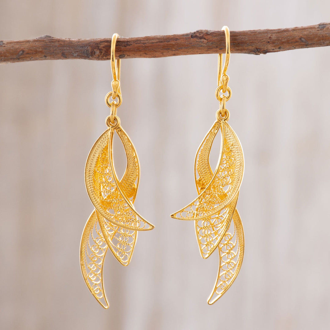 24k Gold Plated Sterling Silver Filigree Dangle Earrings - Windswept