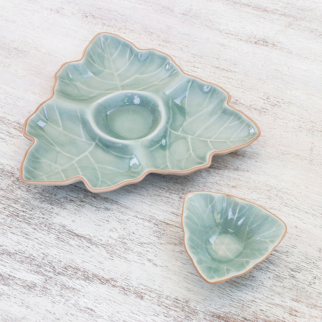 Green Leaf Celadon Ceramic Appetizer Dishes (Pair) - Maple Leaf