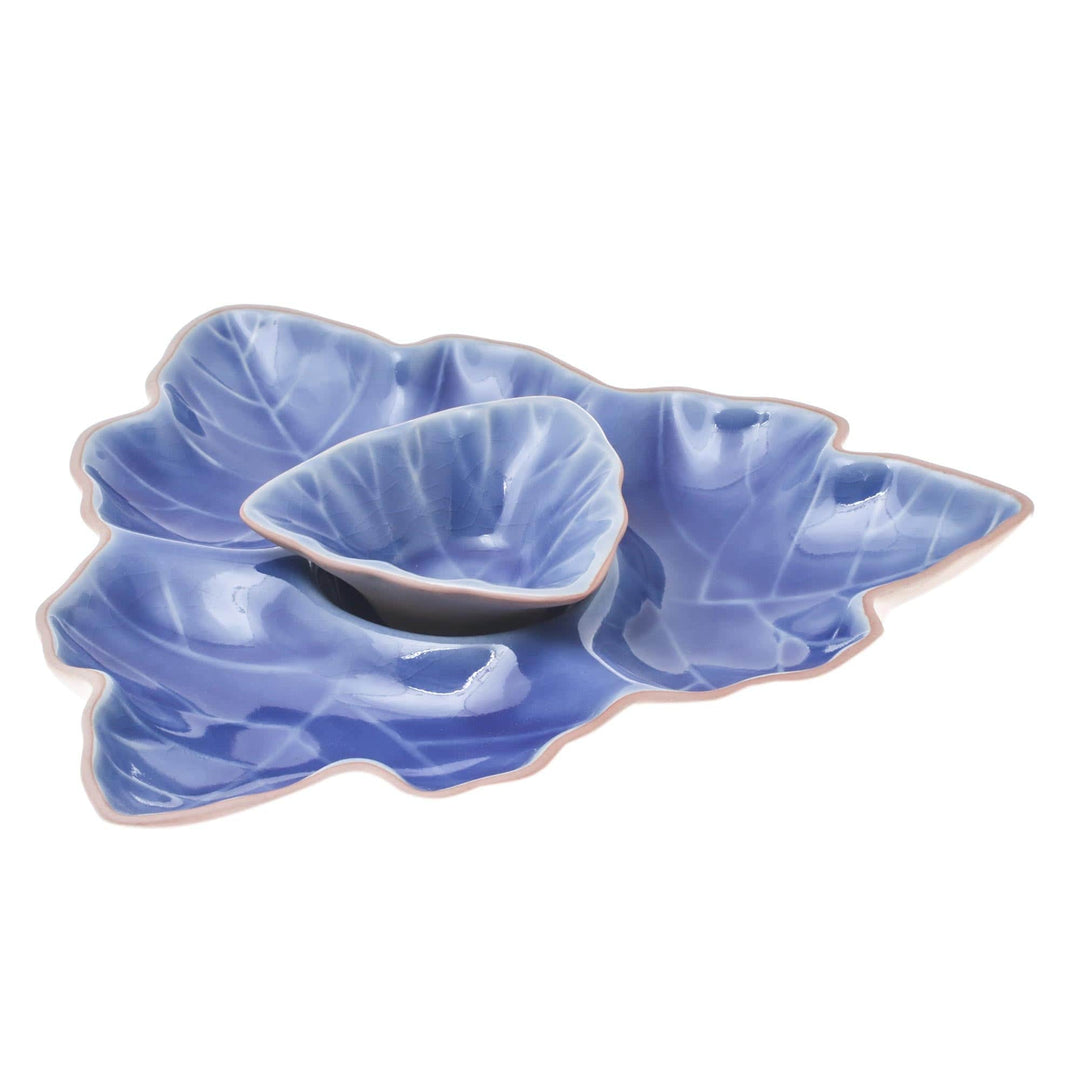 Blue Leaf Ceramic Appetizer Dishes from Thailand (Pair) - Maple Leaf
