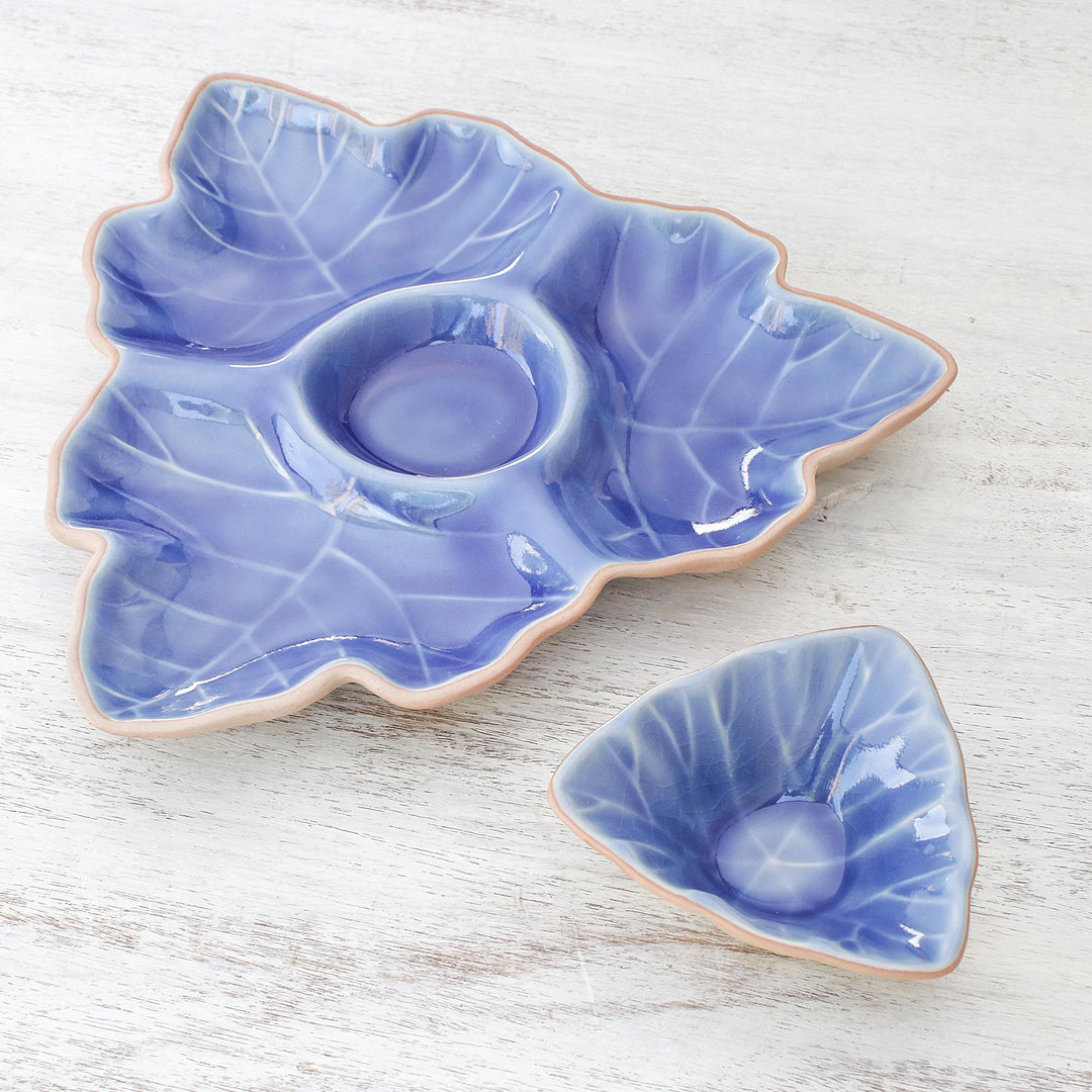 Blue Leaf Ceramic Appetizer Dishes from Thailand (Pair) - Maple Leaf
