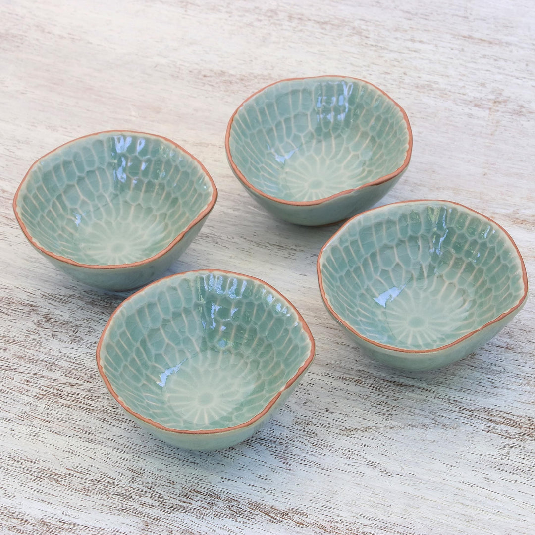 Celadon Ceramic Appetizer Bowls from Thailand (Set of 4) - Sunflower Dream