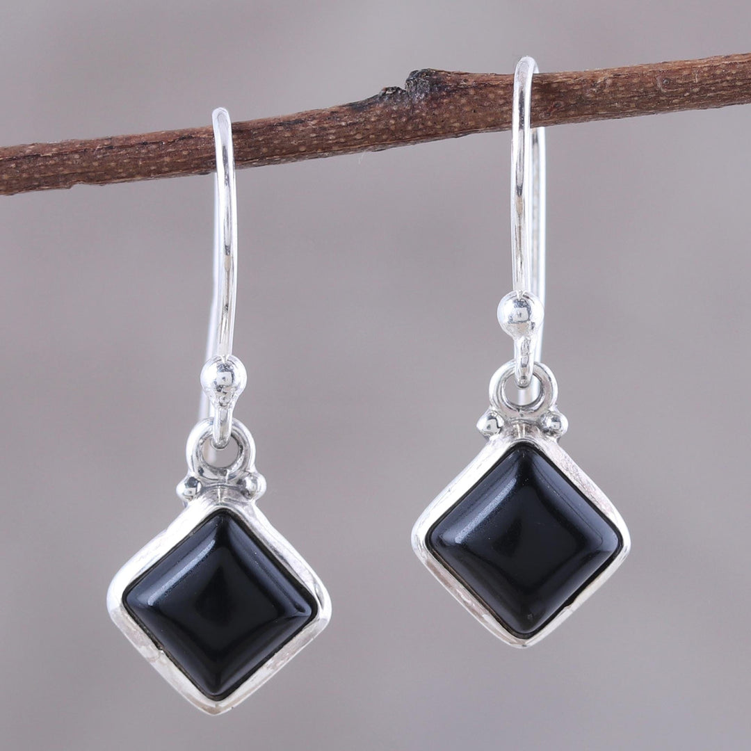 Square Onyx Dangle Earrings Crafted in India - Happy Kites in Black