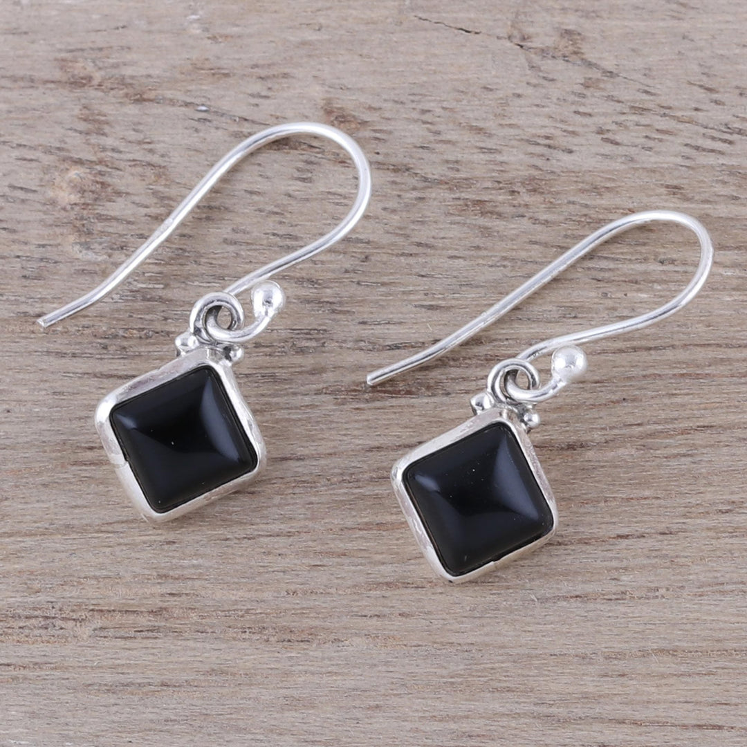 Square Onyx Dangle Earrings Crafted in India - Happy Kites in Black
