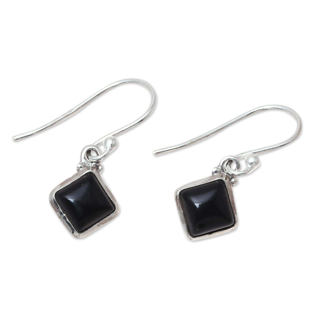 Square Onyx Dangle Earrings Crafted in India - Happy Kites in Black