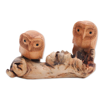 Jempinis Wood Owl Sculpture from Bali - Owl Romance