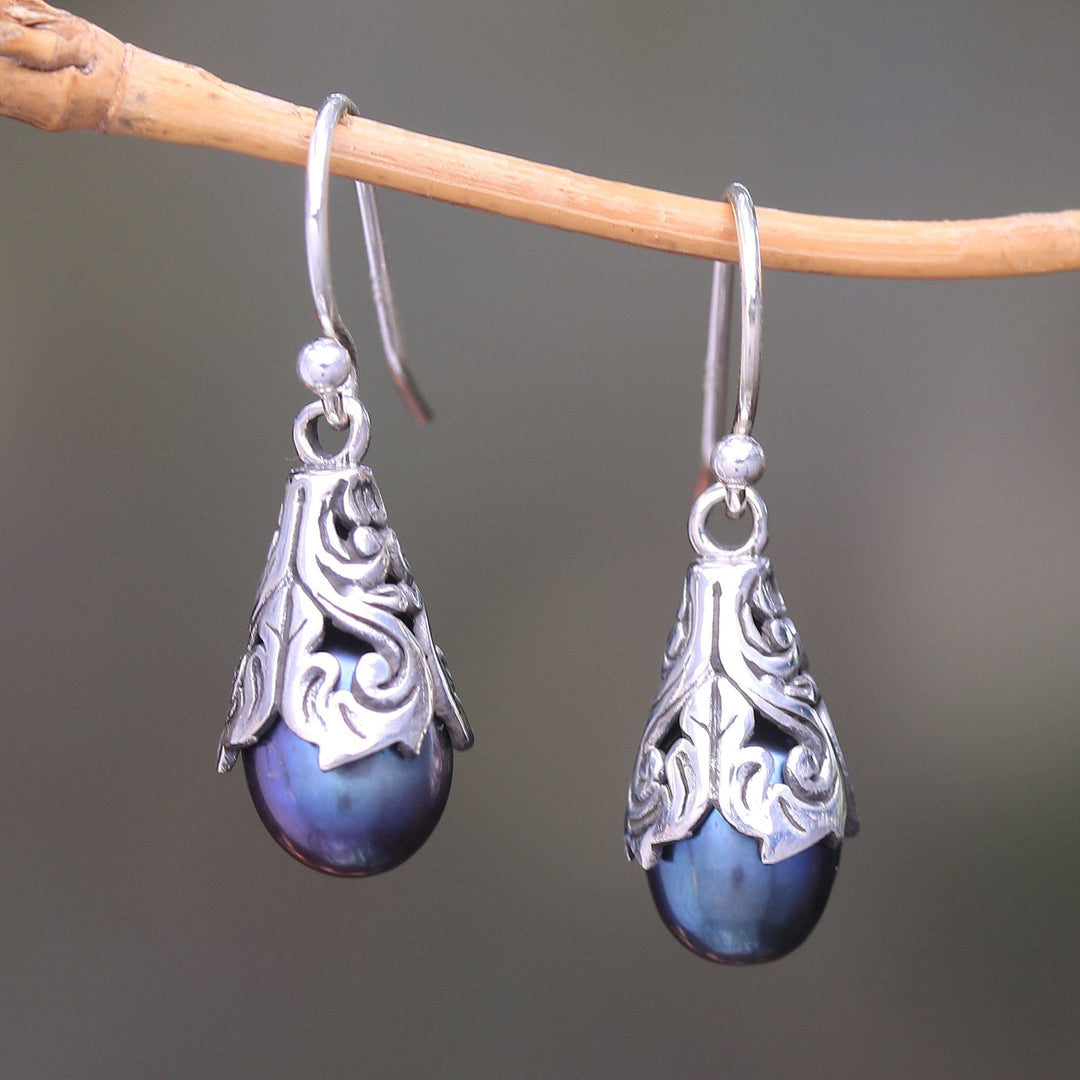 Peacock Cultured Pearl Dangle Earrings from Bali - Little Trumpets in Peacock