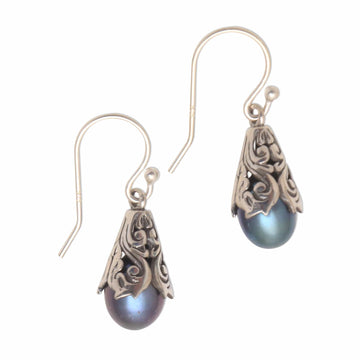 Peacock Cultured Pearl Dangle Earrings from Bali - Little Trumpets in Peacock