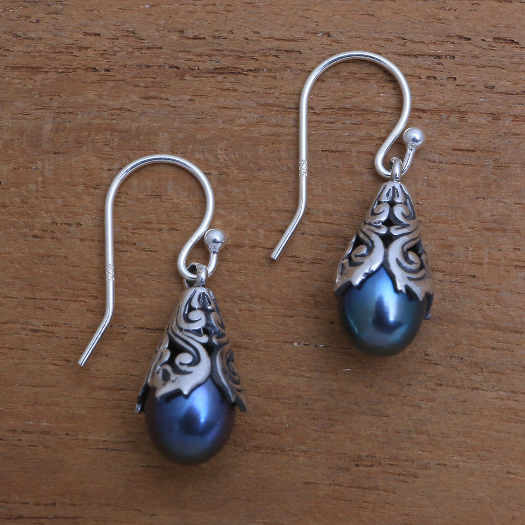 Peacock Cultured Pearl Dangle Earrings from Bali - Little Trumpets in Peacock