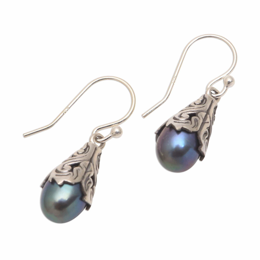 Peacock Cultured Pearl Dangle Earrings from Bali - Little Trumpets in Peacock
