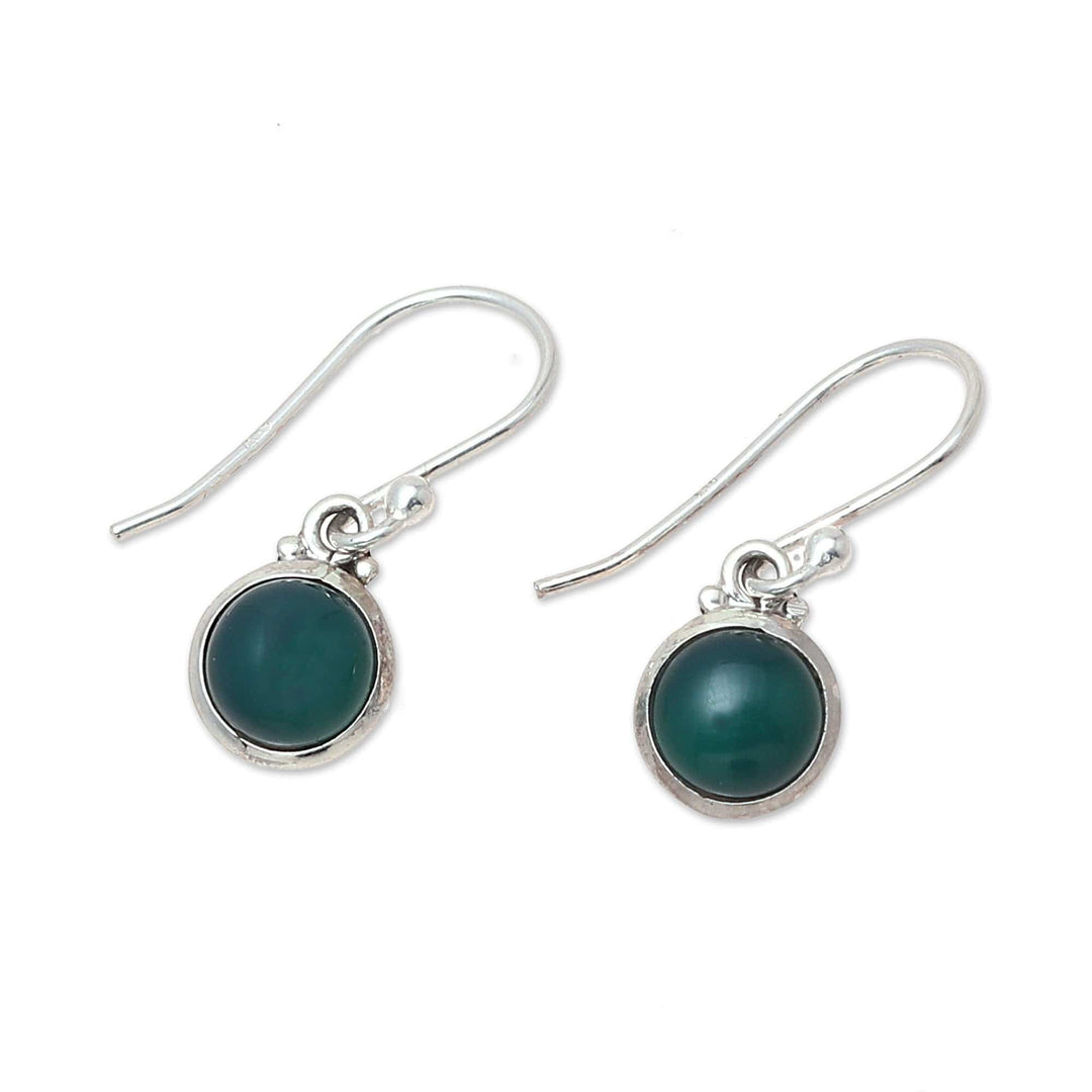 Round Green Onyx Dangle Earrings from India - Happy Glow