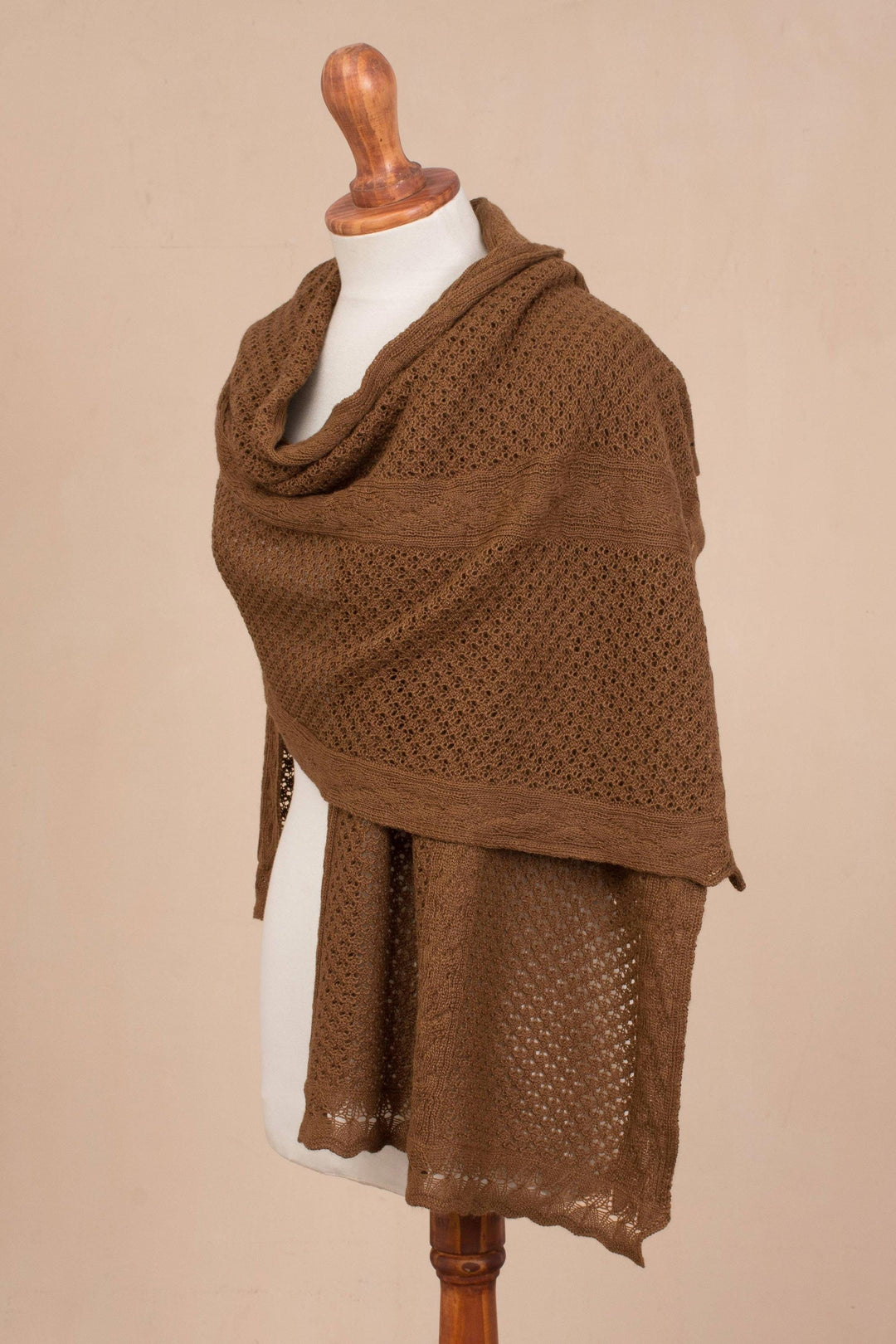Knit Alpaca Blend Shawl in Sepia from Peru - Andean Delight in Sepia
