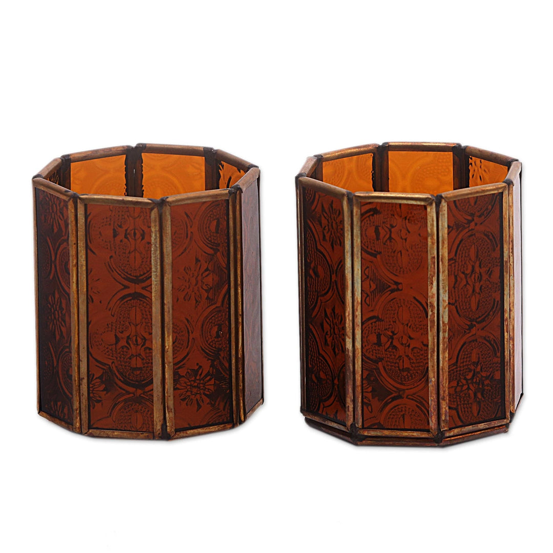 Glass and Brass Candle Holders in Brown from Java (Pair) - Malioboro Glow