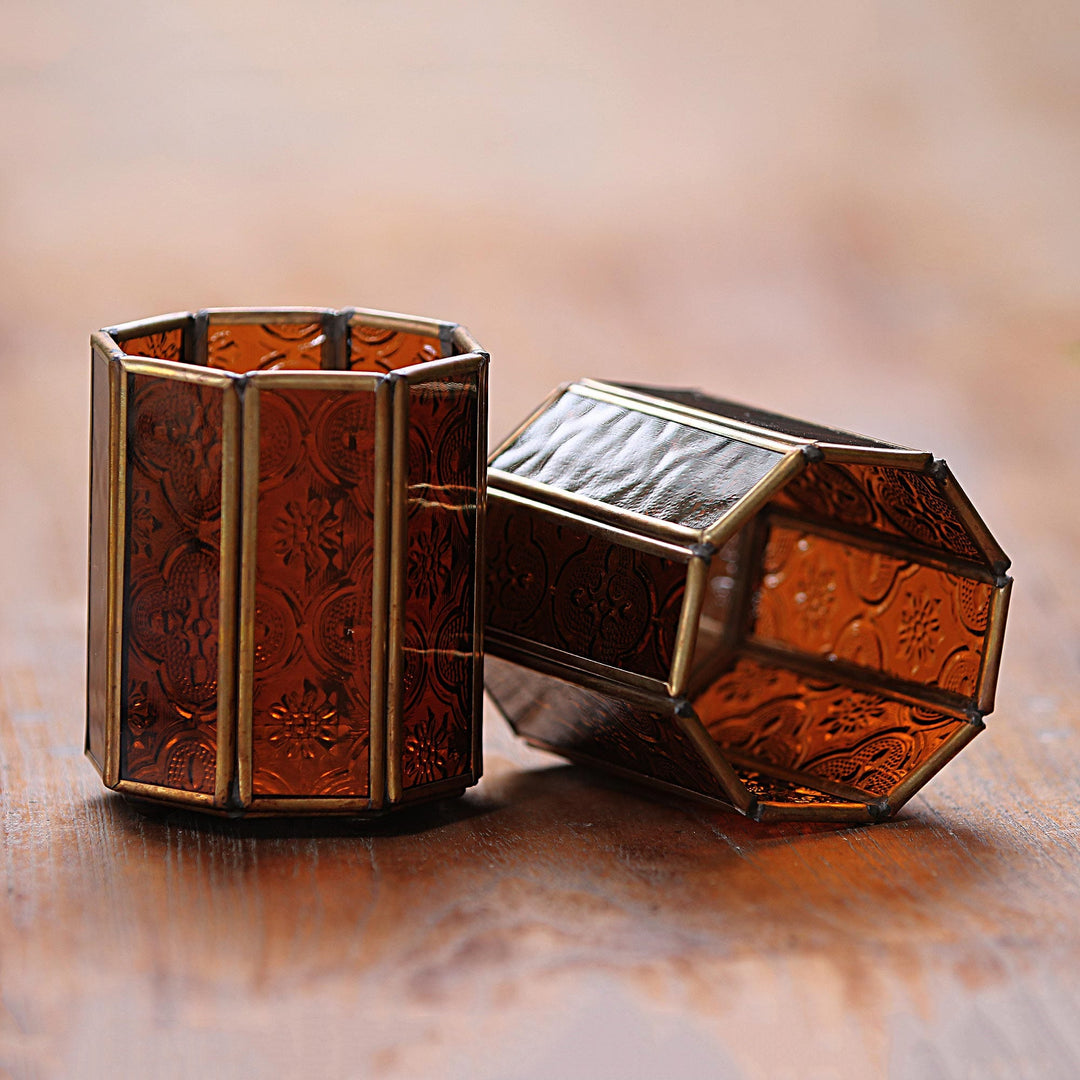 Glass and Brass Candle Holders in Brown from Java (Pair) - Malioboro Glow