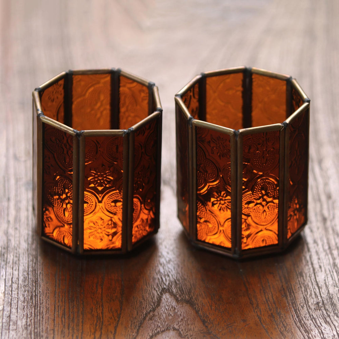 Glass and Brass Candle Holders in Brown from Java (Pair) - Malioboro Glow