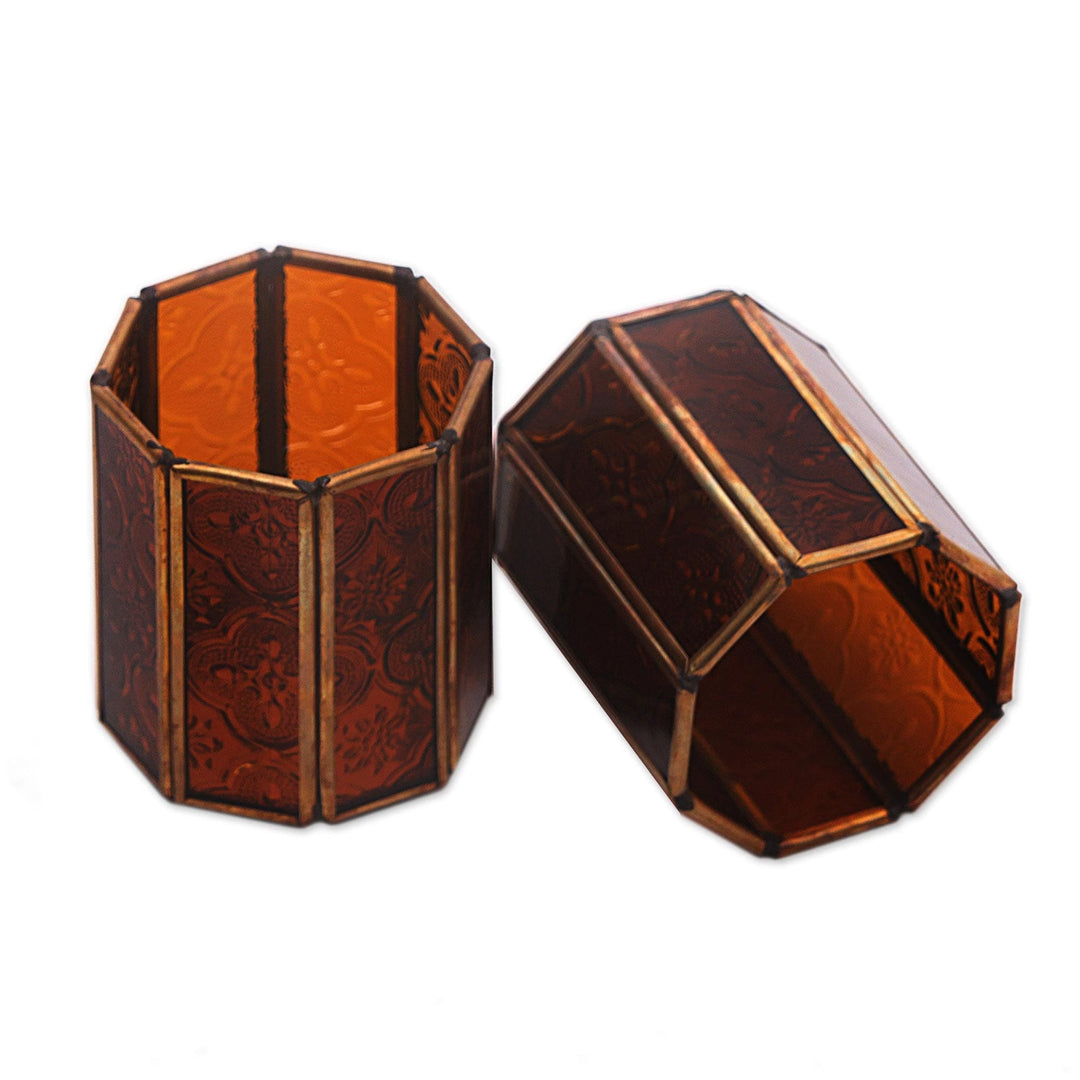 Glass and Brass Candle Holders in Brown from Java (Pair) - Malioboro Glow