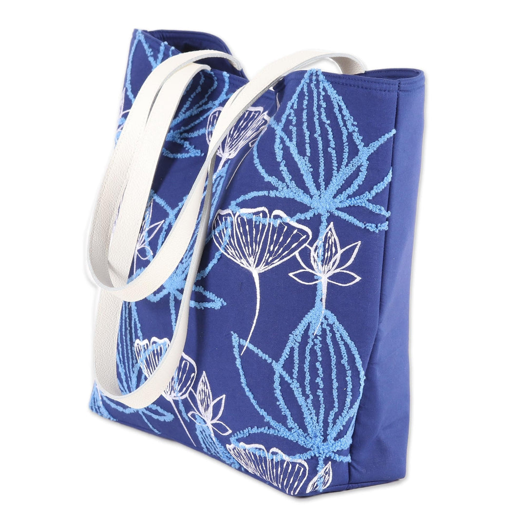 Embroidered Floral Cotton Tote in Lapis - Lapis Garden