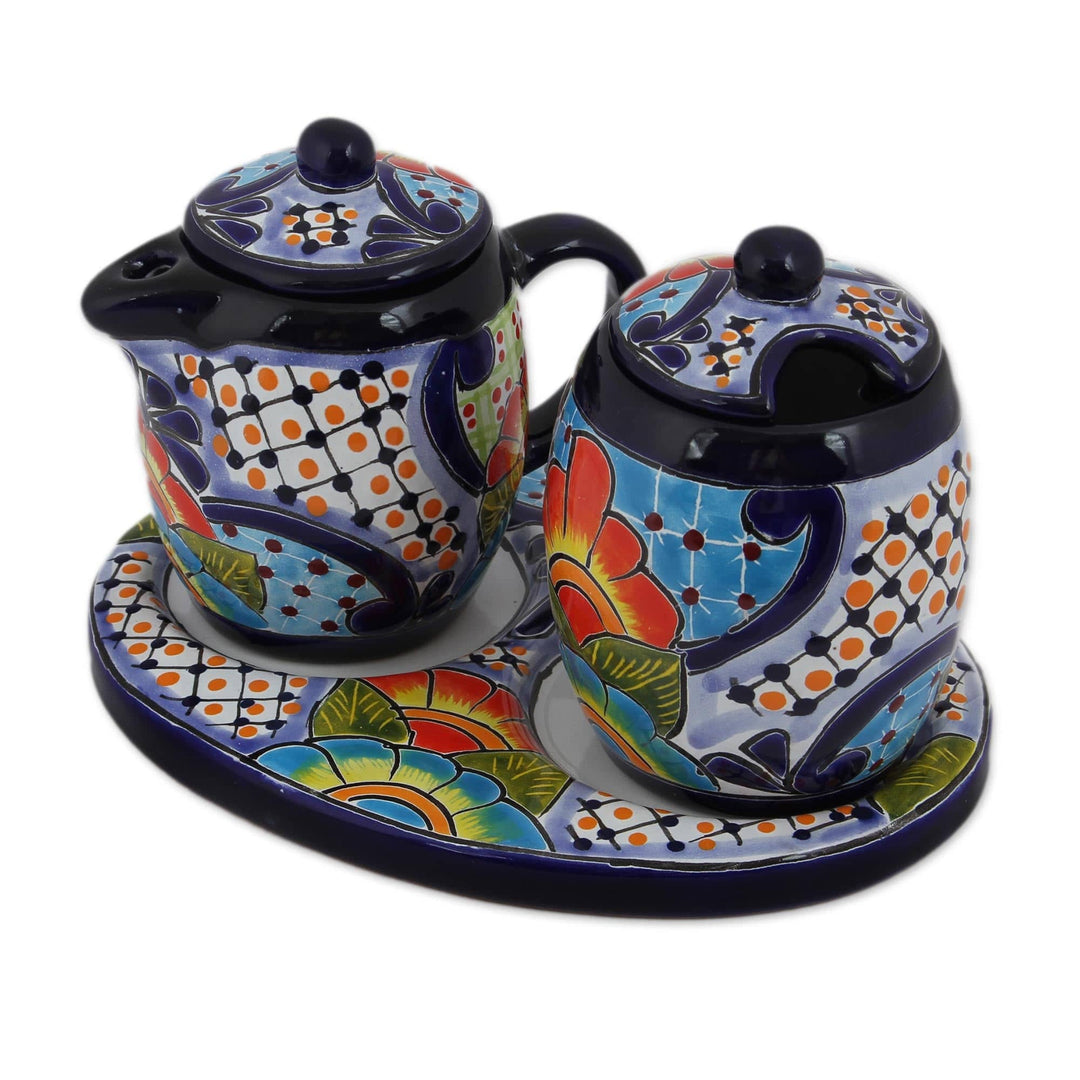 Ceramic Creamer and Sugar Bowl Set from Mexico (5 Piece) - Raining Flowers