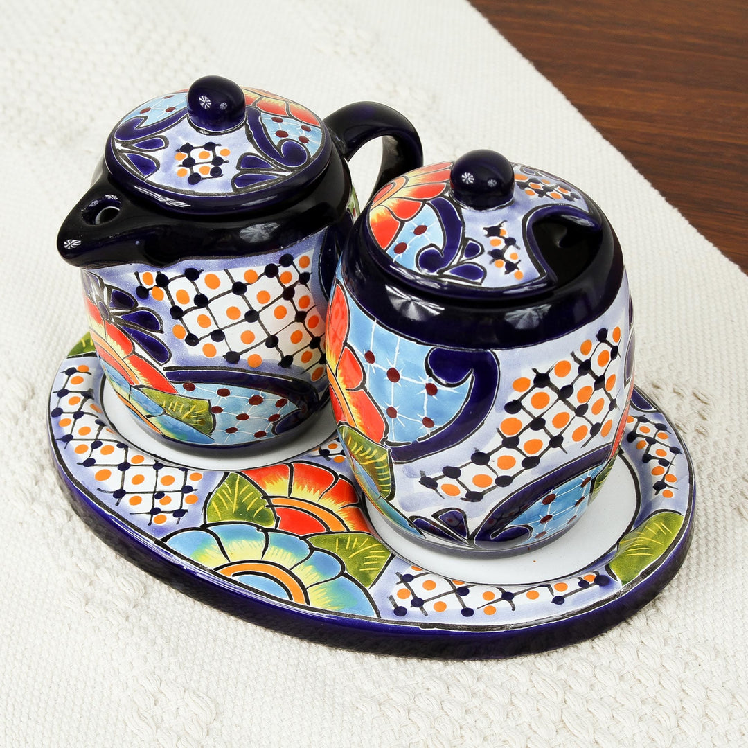 Ceramic Creamer and Sugar Bowl Set from Mexico (5 Piece) - Raining Flowers