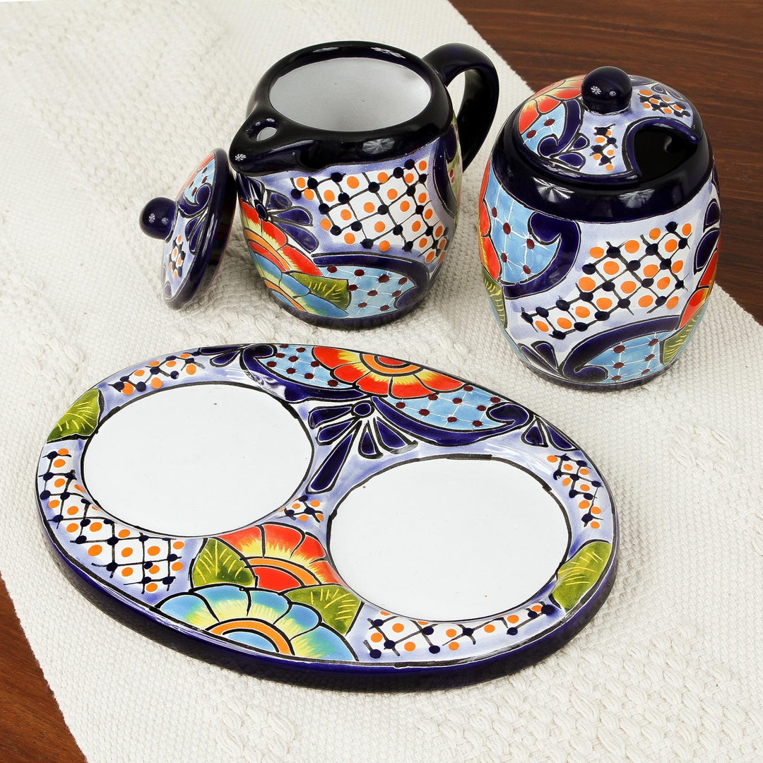 Ceramic Creamer and Sugar Bowl Set from Mexico (5 Piece) - Raining Flowers
