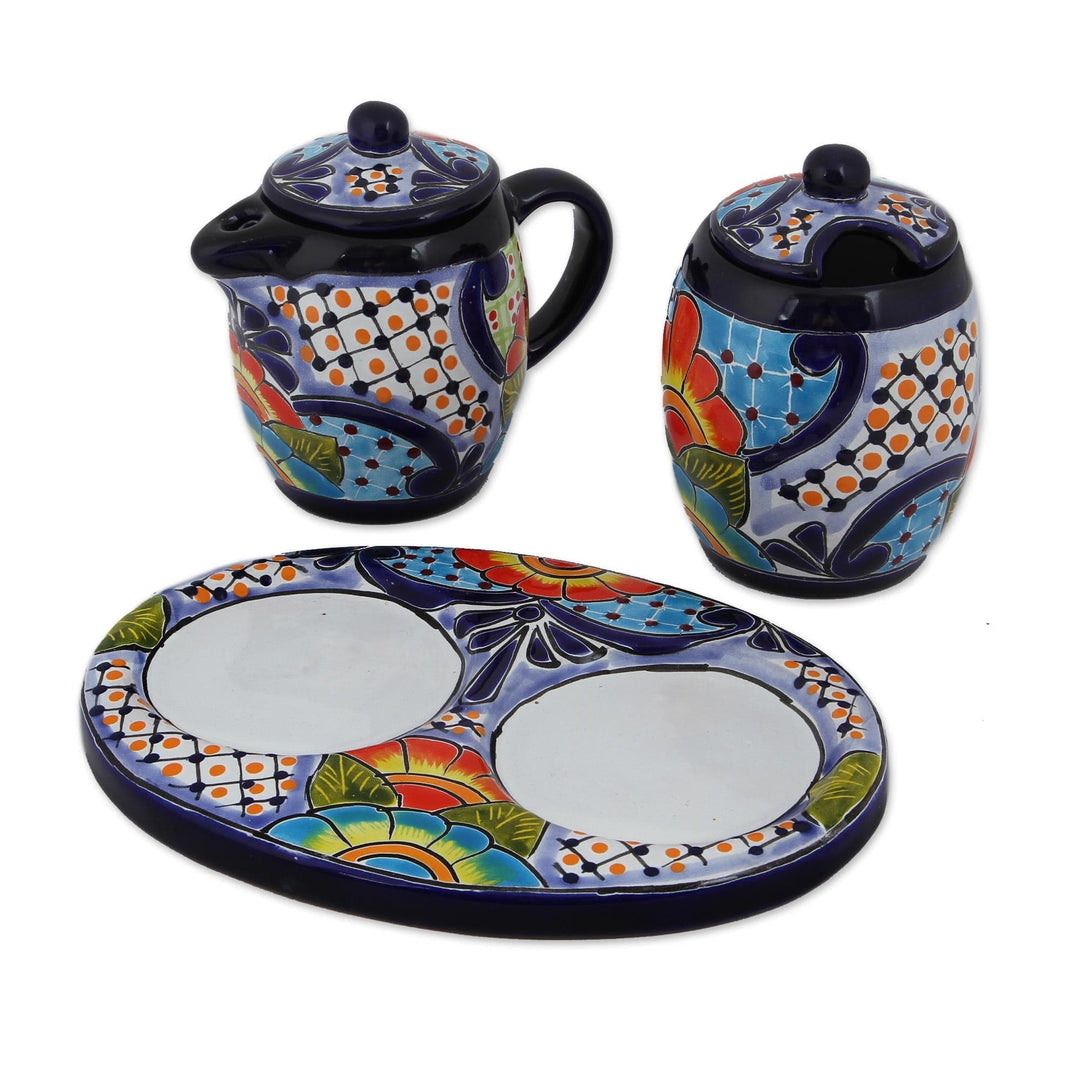 Ceramic Creamer and Sugar Bowl Set from Mexico (5 Piece) - Raining Flowers