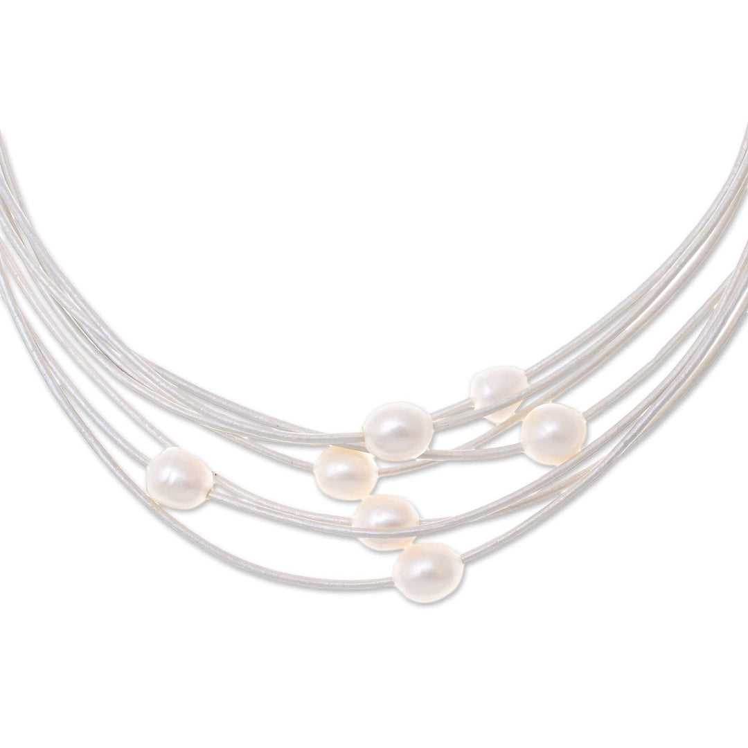 Cultured Pearl Pendant Necklace on White Cord from Thailand - Luminous Pebbles in White
