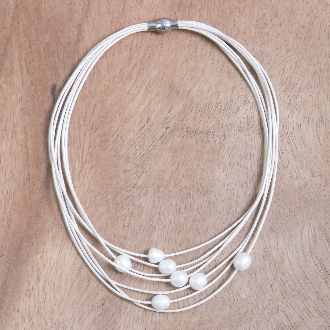 Cultured Pearl Pendant Necklace on White Cord from Thailand - Luminous Pebbles in White