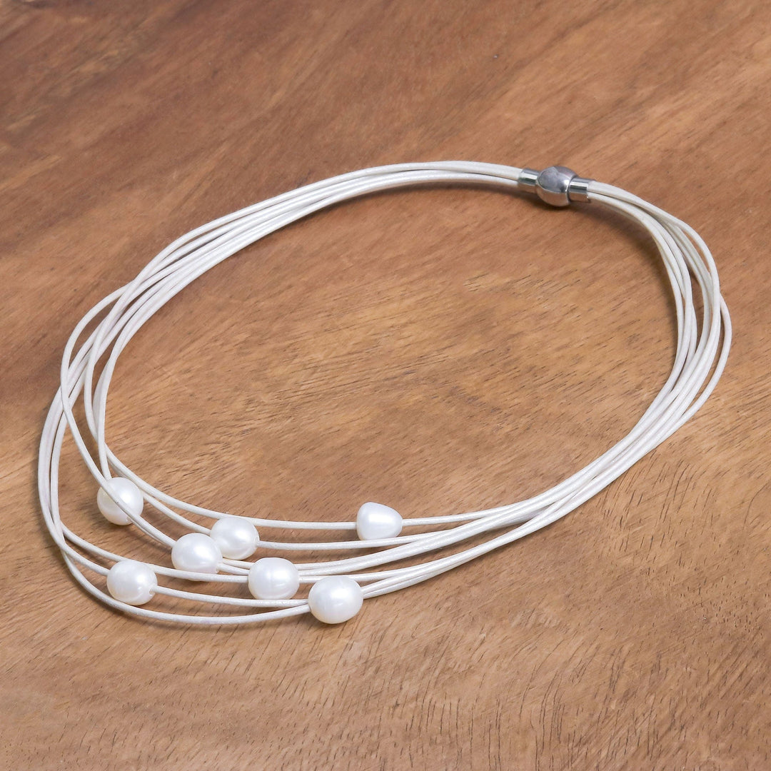 Cultured Pearl Pendant Necklace on White Cord from Thailand - Luminous Pebbles in White