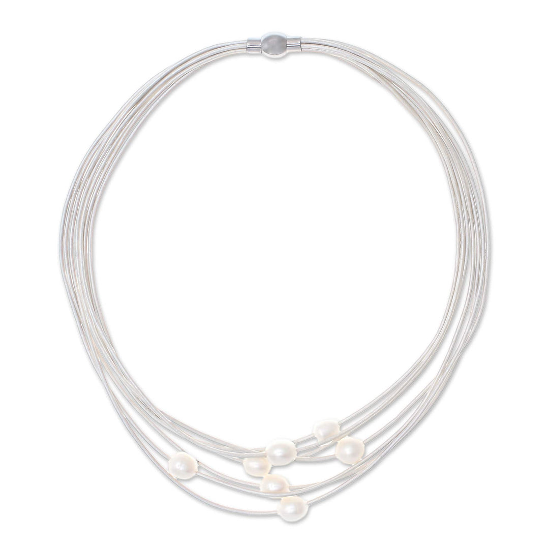 Cultured Pearl Pendant Necklace on White Cord from Thailand - Luminous Pebbles in White