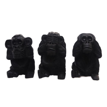 Hand-Carved Monkey Maxim Sculptures from Bali (Set of 3) - Helpful Monkeys