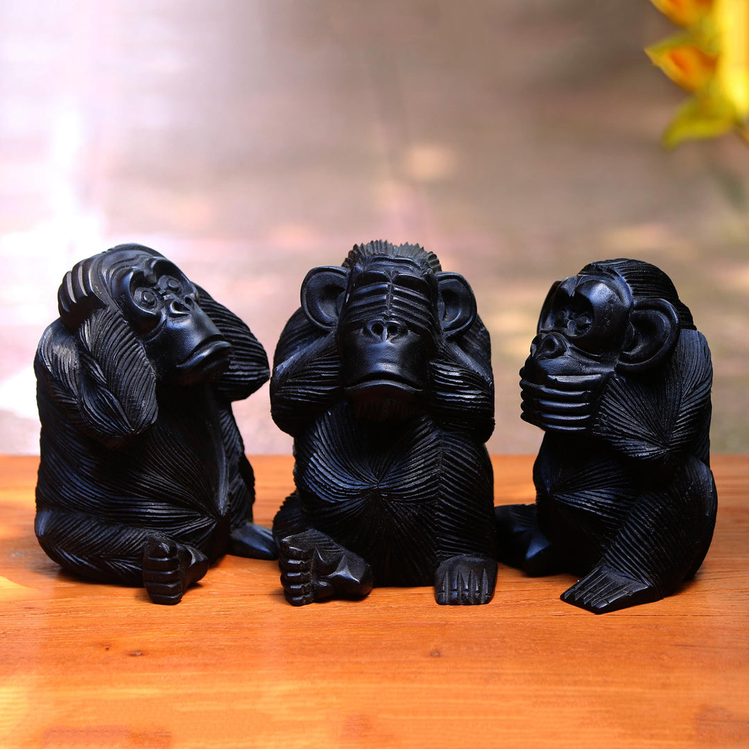 Hand-Carved Monkey Maxim Sculptures from Bali (Set of 3) - Helpful Monkeys