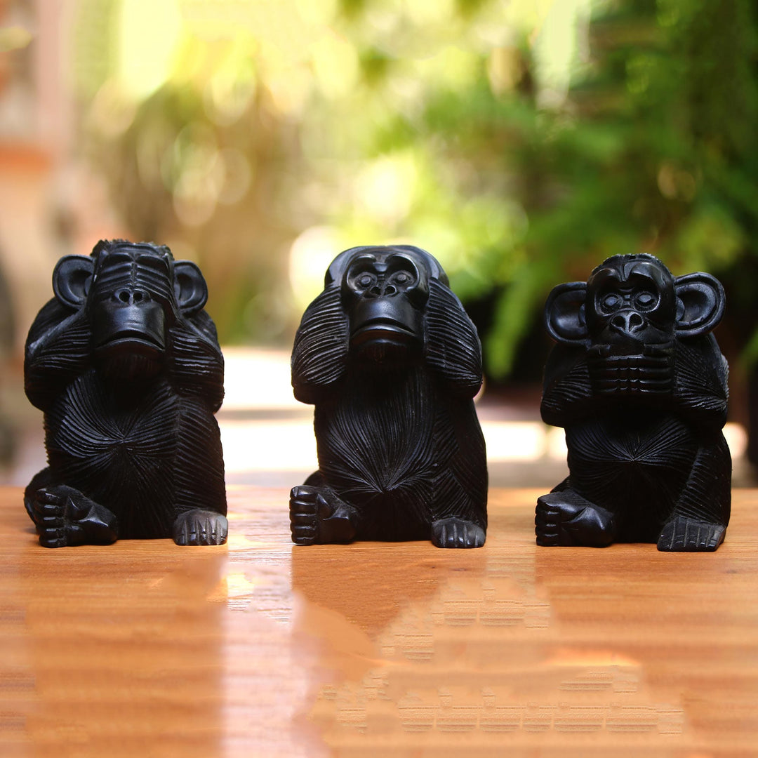 Hand-Carved Monkey Maxim Sculptures from Bali (Set of 3) - Helpful Monkeys