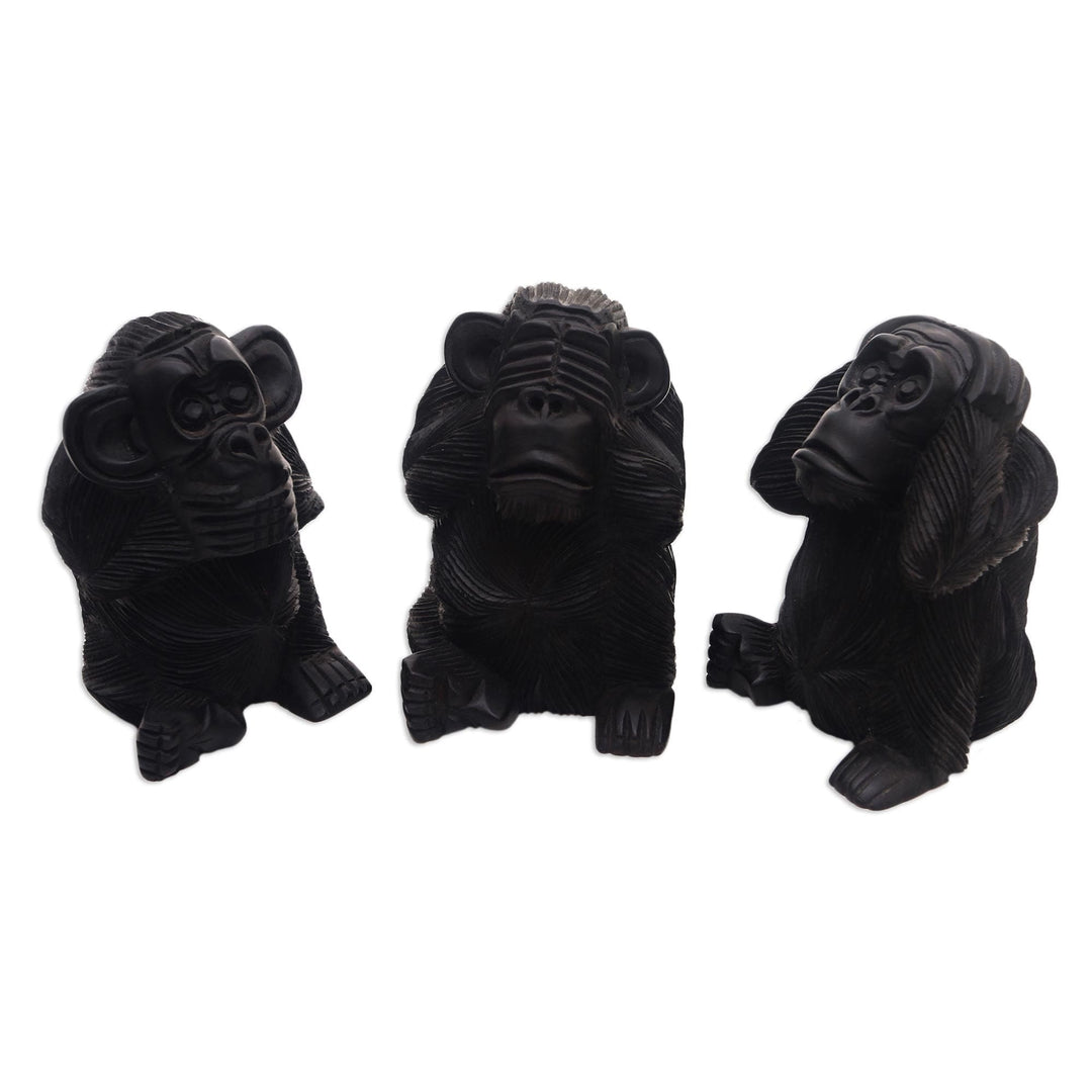 Hand-Carved Monkey Maxim Sculptures from Bali (Set of 3) - Helpful Monkeys