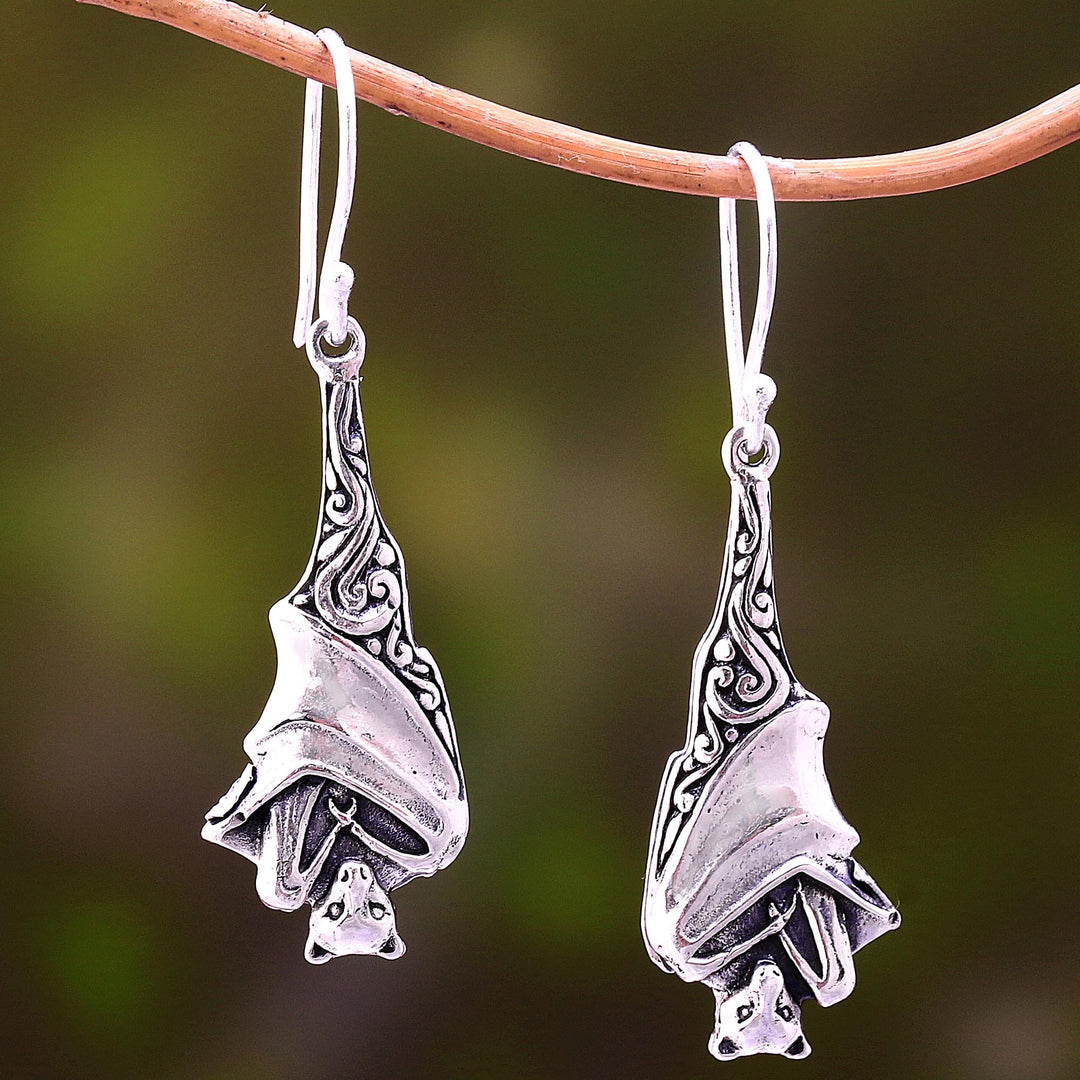 Sterling Silver Bat Dangle Earrings from Bali - Sleeping Bats