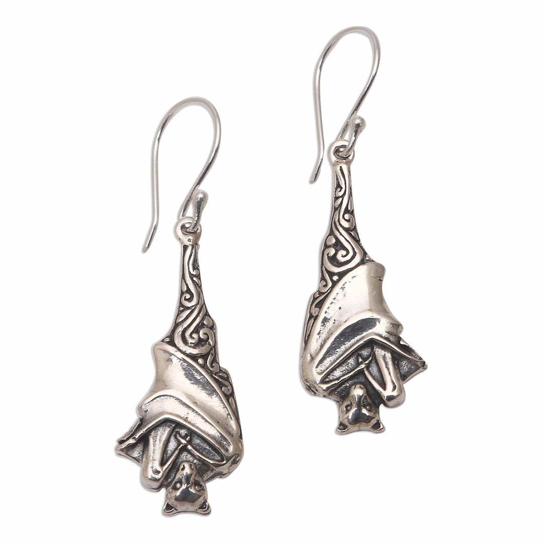 Sterling Silver Bat Dangle Earrings from Bali - Sleeping Bats