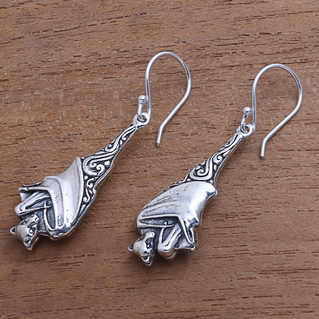 Sterling Silver Bat Dangle Earrings from Bali - Sleeping Bats