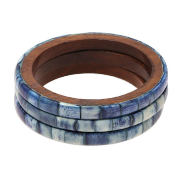 Blue Bone and Mango Wood Bangle Bracelets (Set of 3) - Blue Saga